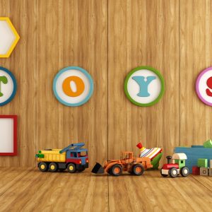 Wooden playroom with toys